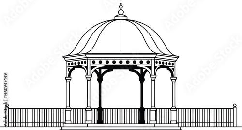 Black and white illustration of a classic gazebo with a decorative dome design perfect for outdoor events.