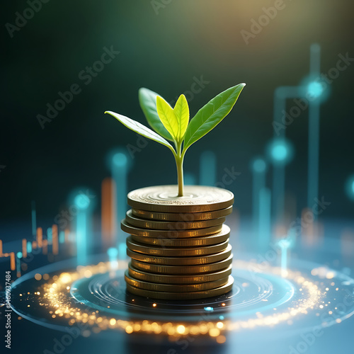 Delicate sprout emerging from neatly stacked coins with radiant light and a softly blurred glow. AI-generated