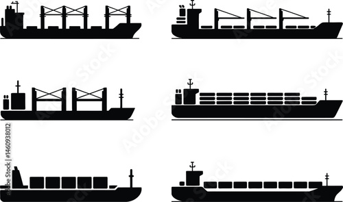 Collection of black silhouette illustrations representing various cargo ship designs and transport