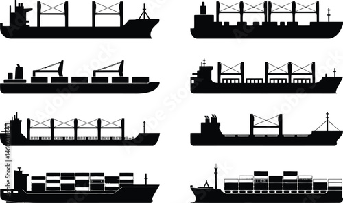 Black silhouettes of various container ships and cargo vessels for international trade and logistics