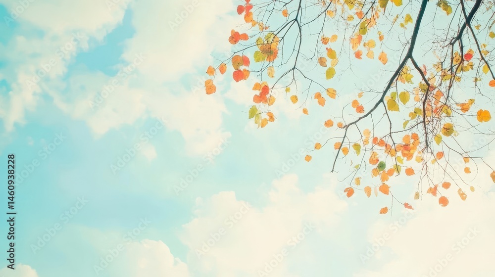 Fototapeta premium Autumnal branches and leaves against a pale sky.