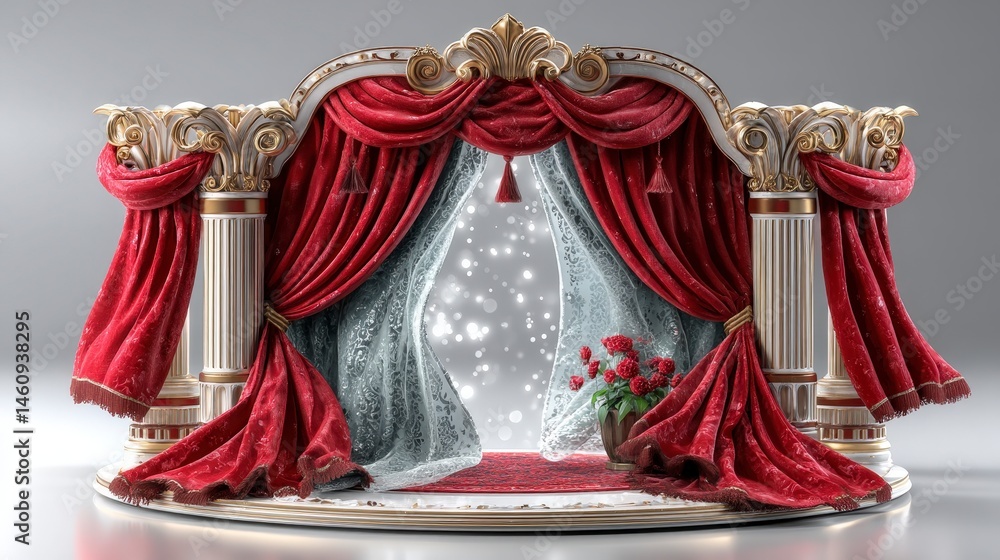 Elegant Red Curtains Classical Columns Stage Backdrop Festive Decor Theater Interior
