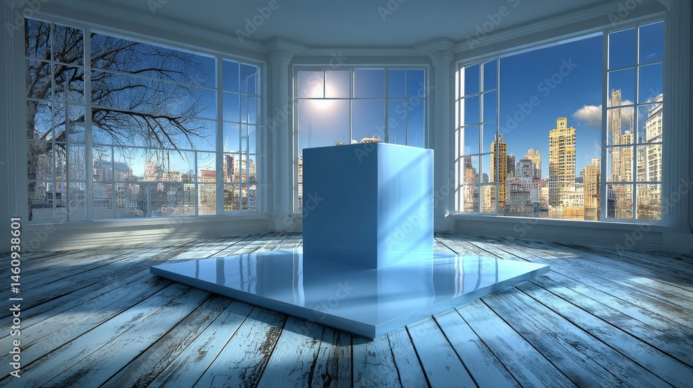 Minimalist Room City View Blue Cube Display Modern Interior Design