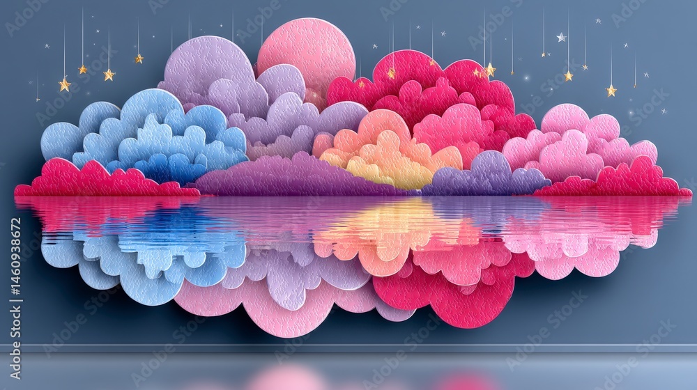 Surreal Colorful Cloudscape Reflection Dreamy Minimalist Landscape Artistic Papercut Sty