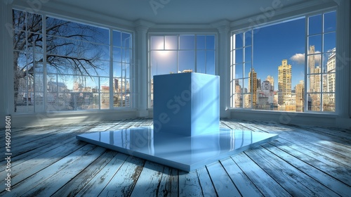 Obraz na płótnie Minimalist Room City View Blue Cube Display Modern Interior Design w salonie