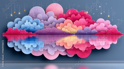 Obraz na płótnie Surreal Colorful Cloudscape Reflection Dreamy Minimalist Landscape Artistic Papercut Sty w salonie