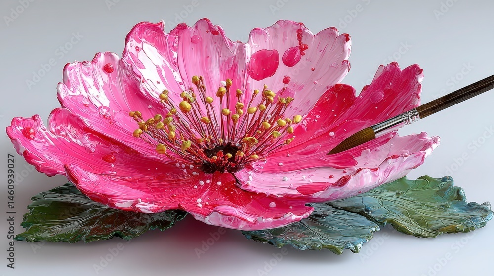 Pink Flower Painting Acrylic Brush Petal Art Minimalist White Background Floral Cl