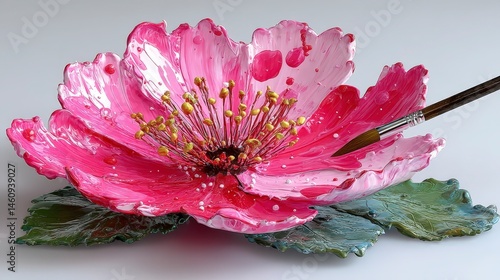 Obraz na płótnie Pink Flower Painting Acrylic Brush Petal Art Minimalist White Background Floral Cl w salonie