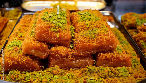 kunafa famous middle eastern dessert or sweet served in a plate.Delicious Sweet Kunafa with Melting Cheese and Pistachios.Kunafa baklava sweets in Israel.