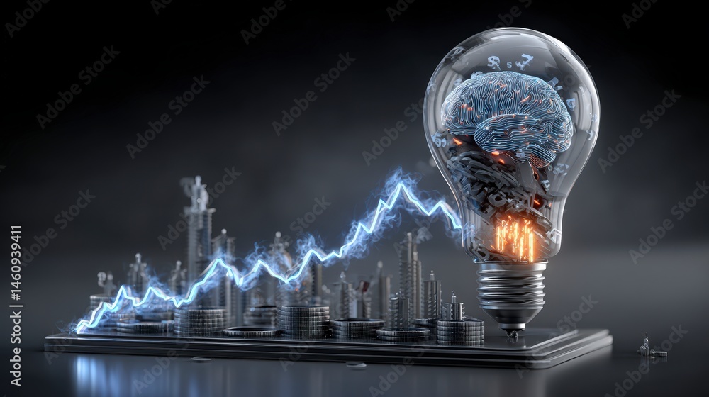 Glowing Brain Lightbulb Financial Growth Innovation Idea Success