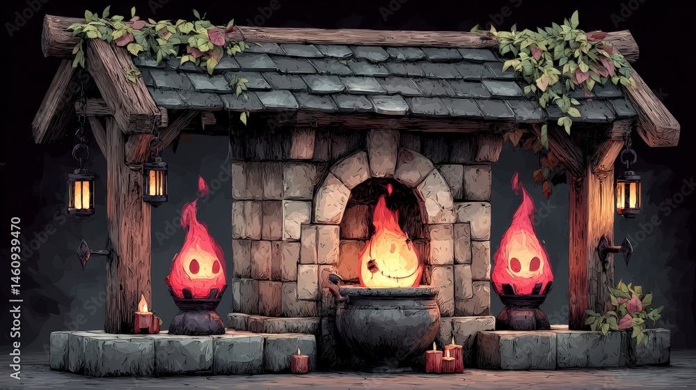 Pixel Art Dungeon Entrance Fantasy Game Retro Mystical Fireplace