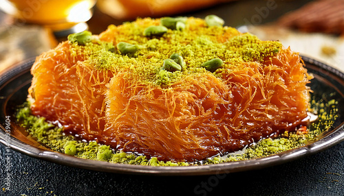 kunafa famous middle eastern dessert or sweet served in a plate.Delicious Sweet Kunafa with Melting Cheese and Pistachios.Kunafa baklava sweets in Israel.