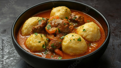 Regular side view of spicy goat curry soft dumplings dark textured background rich savory South African dish from Free State kitchens comforting meat meal cut out on isolated transparent background