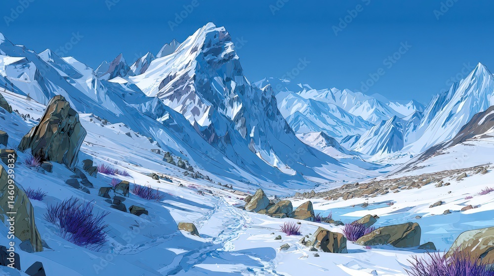 Stunning Minimalist Snow Mountain Landscape Panoramic View Cold Winter Scene Hiking Tra