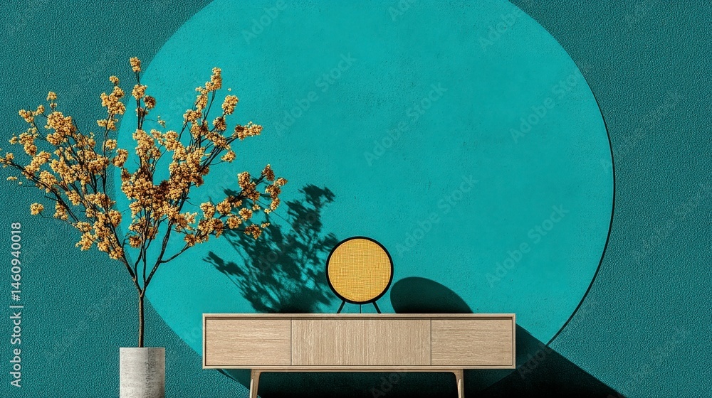 Minimalist Home Decor Teal Wall Yellow Flowers Modern Console Table