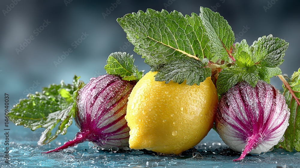 Fresh Lemon Red Onions Mint Healthy Food Still Life