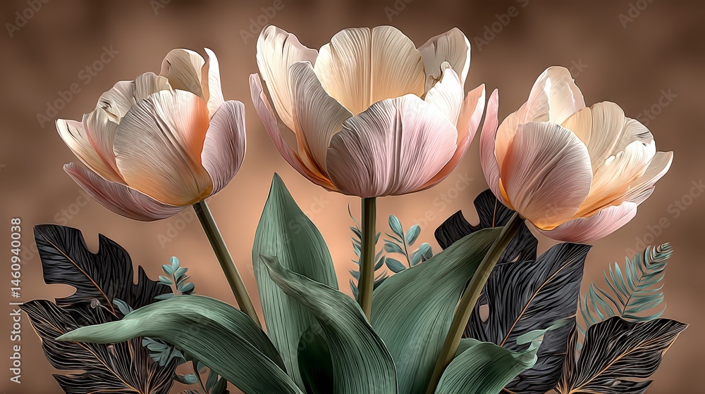 Elegant Pastel Tulips Tropical Leaves Minimalist Floral Still Life