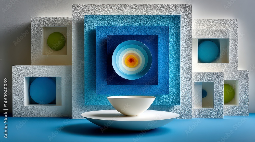 Minimalist Blue Pastel Geometric Abstract Background with Bowl