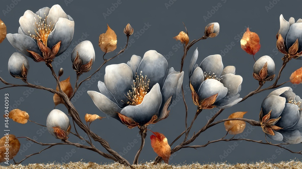 Elegant Grey Gold Watercolor Floral Illustration Wedding Home Decor Print