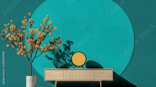 Obraz na płótnie Minimalist Home Decor Teal Wall Yellow Flowers Modern Console Table w salonie