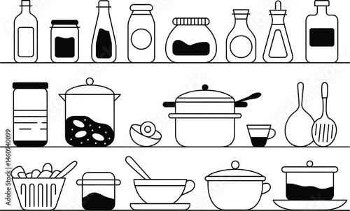 Outline illustration of kitchen utensils ingredients and cooking essentials arranged on shelves