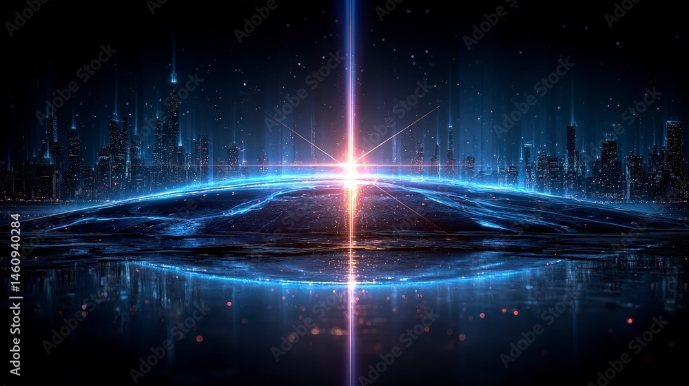 Futuristic Cityscape Glowing Sun Rays Digital Earth Night City