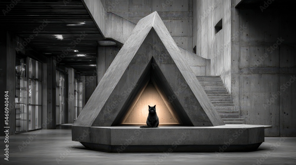 Black Cat in Modern Minimalist Concrete Architecture