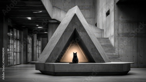 Obraz na płótnie Black Cat in Modern Minimalist Concrete Architecture w salonie