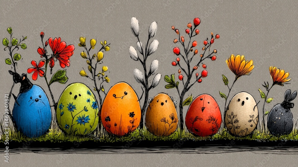 Cute Easter Eggs Seamless Pattern Spring Flowers Hand Drawn Illustration