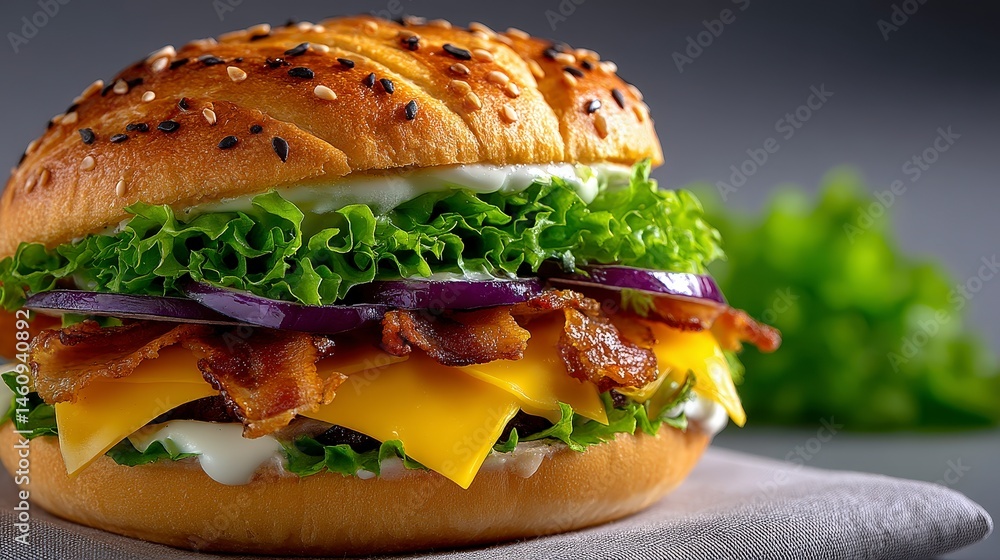 Delicious Bacon Cheeseburger with Lettuce and Onion