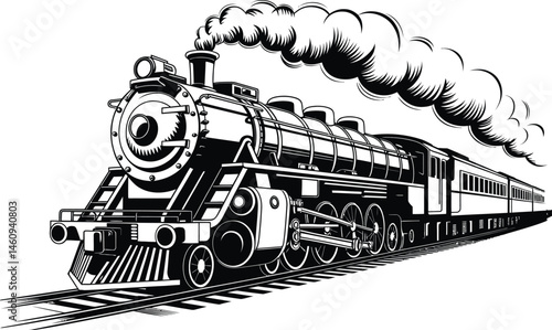 Vintage steam engine train silhouette traveling on tracks with smoke and passenger cars