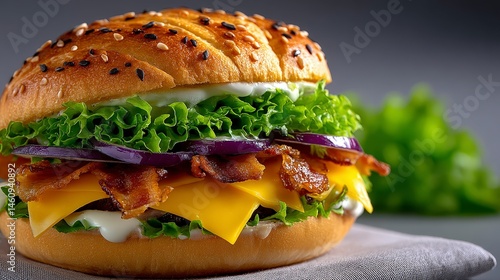 Obraz na płótnie Delicious Bacon Cheeseburger with Lettuce and Onion w salonie
