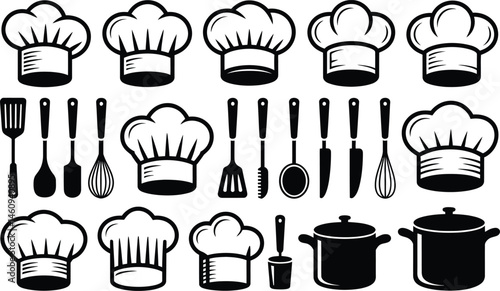 Vector illustration of chef hats cooking utensils and kitchenware elements in black and white
