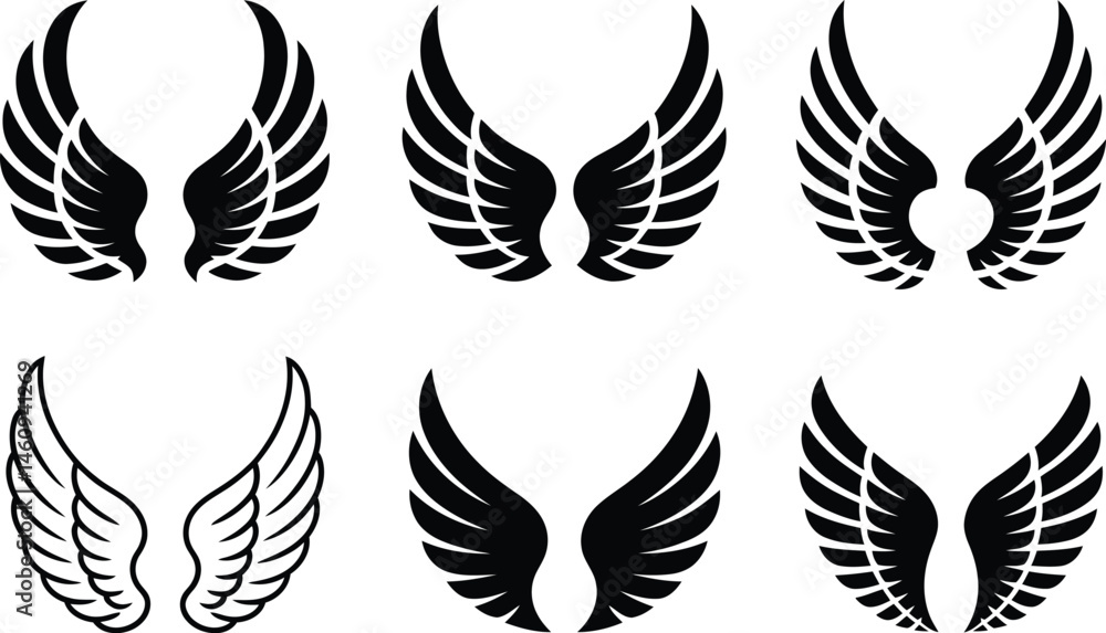 Obraz premium Collection of six black and white wing designs in different styles and formats