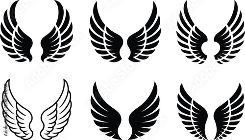 Collection of six black and white wing designs in different styles and formats