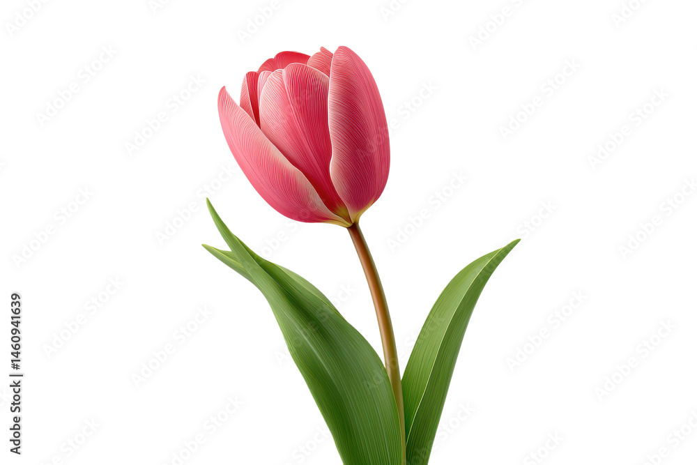 Fototapeta premium Single pink tulip flower with green leaves isolated on transparent background