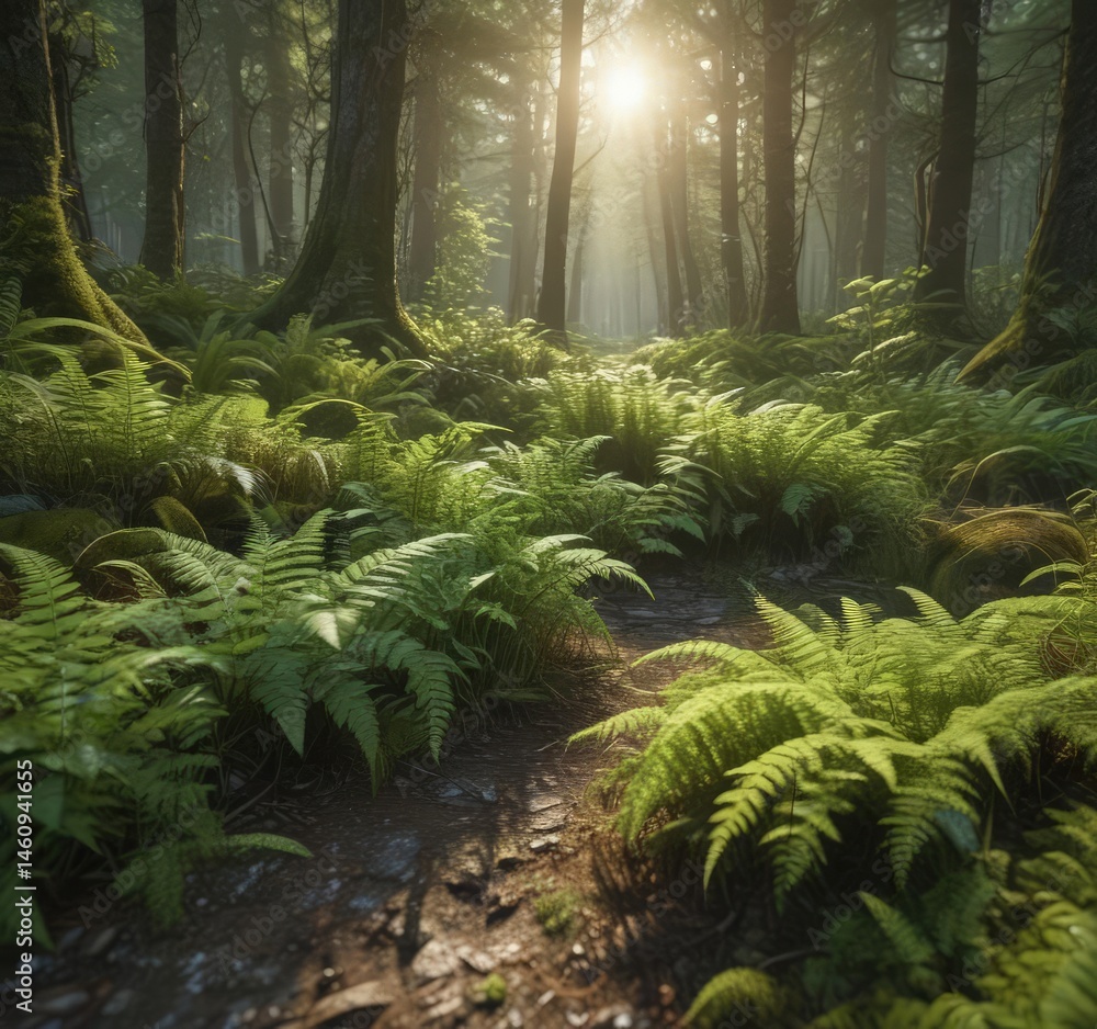 Fototapeta premium Sun-dappled ferns unfurl on mossy forest ground, scene, earthy tones