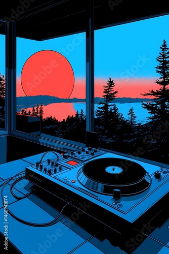 DJ booth overlooking sunset lake