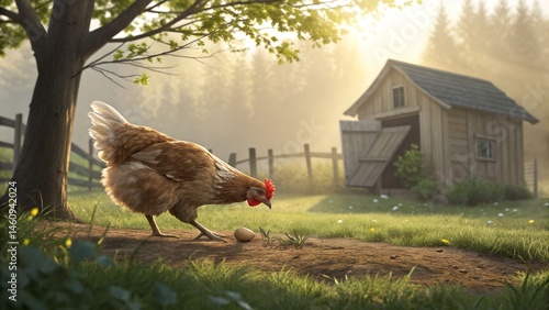 A Countryside Chicken: A captivating scene showcasing a lone chicken discovering an egg in its natural habitat. The scene portrays a classic rural aesthetic with a rustic shed in the background.