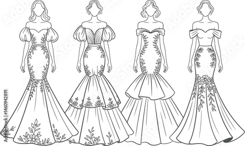 Elegant wedding dress sketches featuring diverse styles with floral embellishments and off-shoulder designs