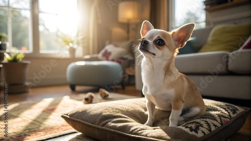 Chihuahua in sunlit living room: A cute Chihuahua sits regally on a plush cushion in a sun-drenched living room, radiating charm and tranquility.