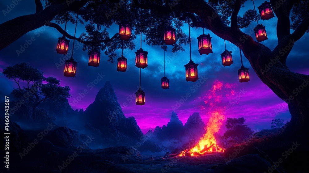 Fototapeta premium A mystical landscape with glowing lanterns hanging from an ancient tree, illuminating a tranquil campsite amidst dark mountains.