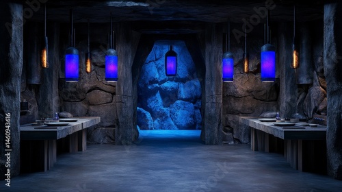Modern dining area with industrial design and glowing blue lights, set in a rocky, cave-like environment