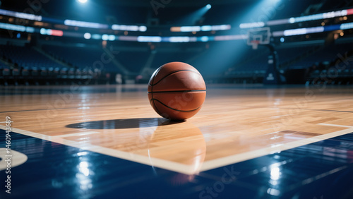 basketball resting alone in empty sports arena.