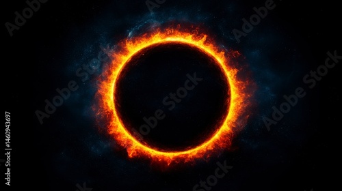 Stunning digital fantasy depiction of a solar eclipse showcasing a vibrant fiery corona around a dark circular void