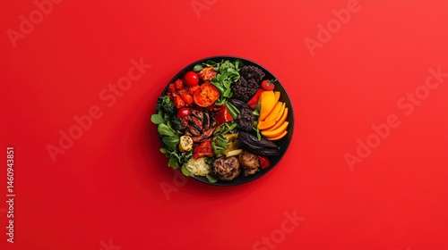 A vibrant and nutritious salad bowl featuring grilled vegetables, fresh greens, and juicy fruits on a bright red background