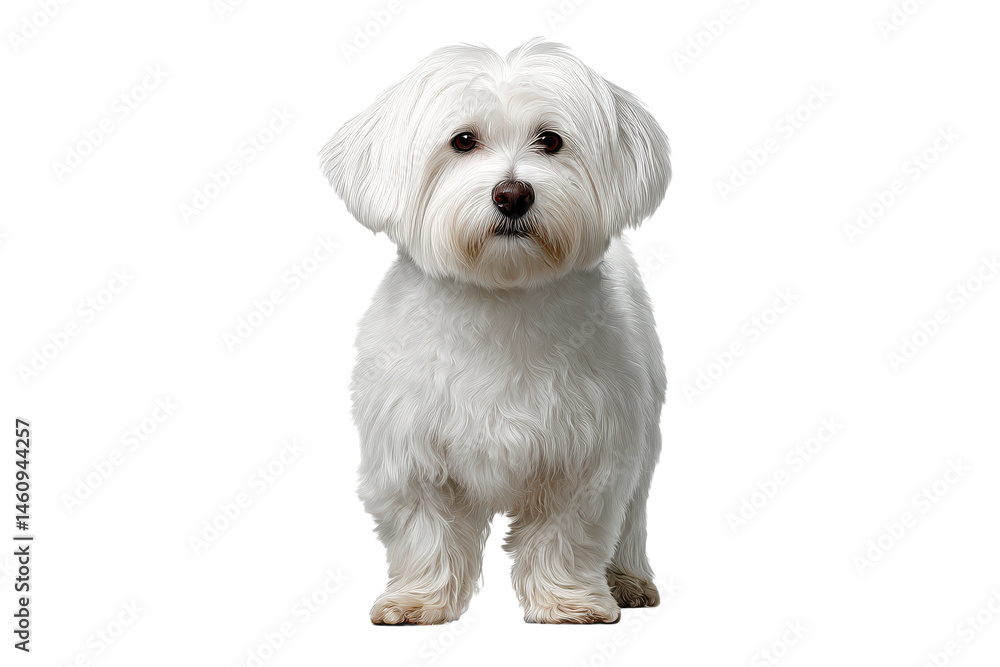 Cute white Maltese dog standing and looking forward isolated on transparent background Cute white Maltese dog standing and looking forward isolated on transparent background