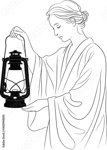 Elegant woman holding a vintage lantern in black and white outline illustration