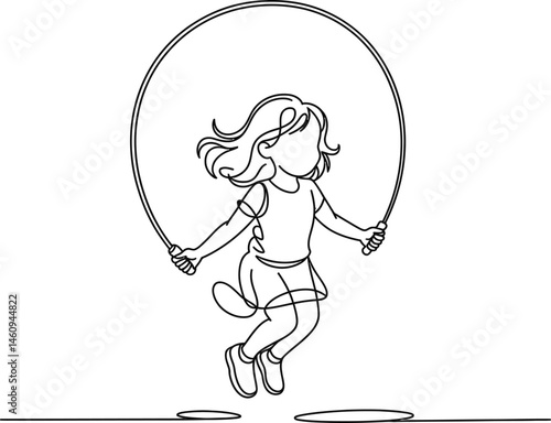 Simple line art illustration of a young girl joyfully jumping rope on a white background