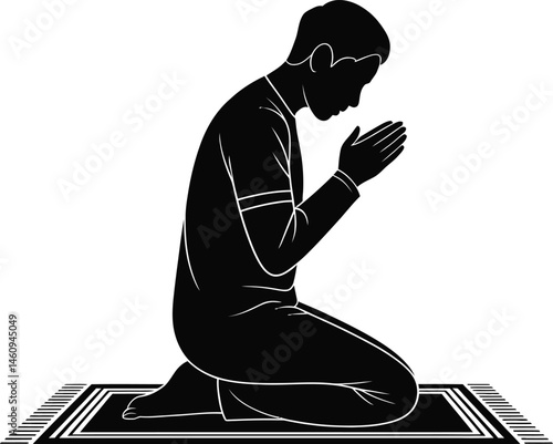 Silhouette of a man in prayer kneeling on a prayer rug for religious concept